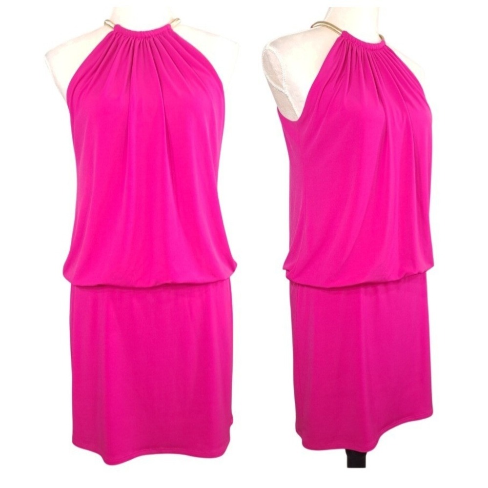 Jessica Simpson Dress Size 6 Hot Pink Chain Neck Halter Stretch Cocktail